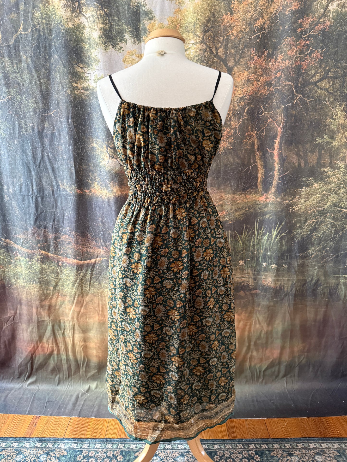 Green and Yellow Floral Print Silk Dress