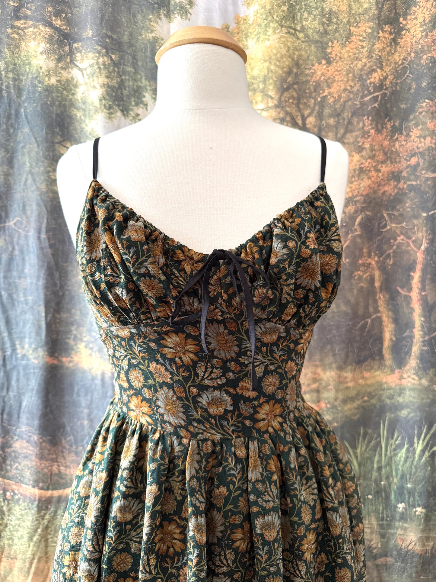 Green and Yellow Floral Print Silk Dress