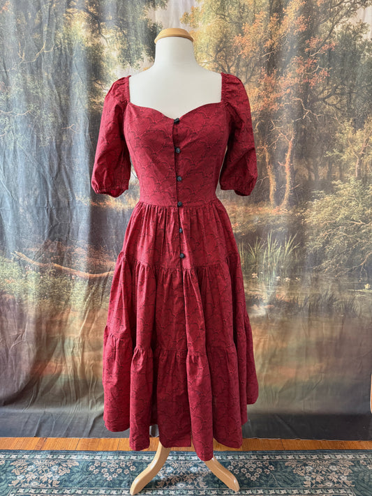 Red Waves Puff Sleeve Button Dress