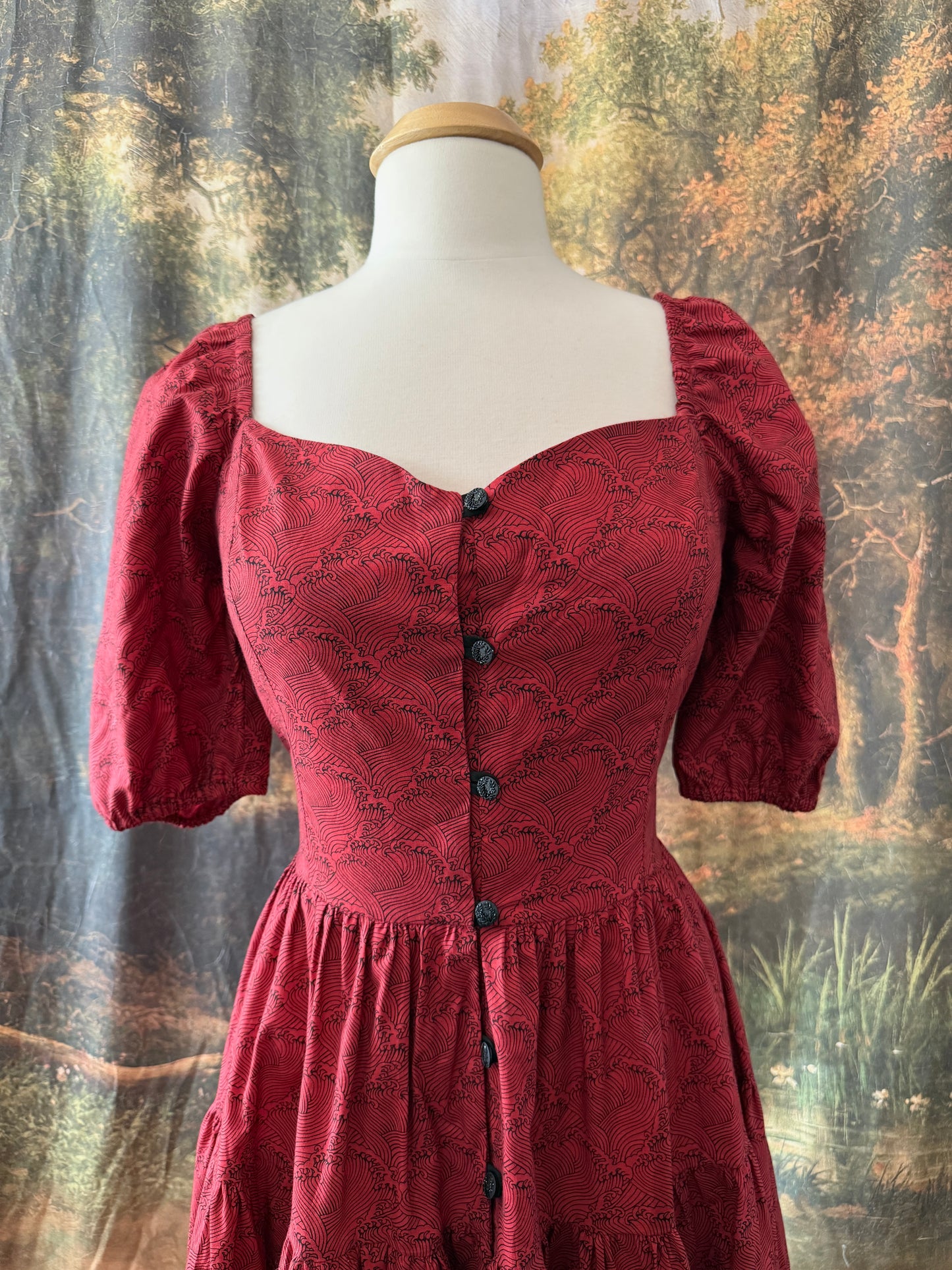 Red Waves Puff Sleeve Button Dress