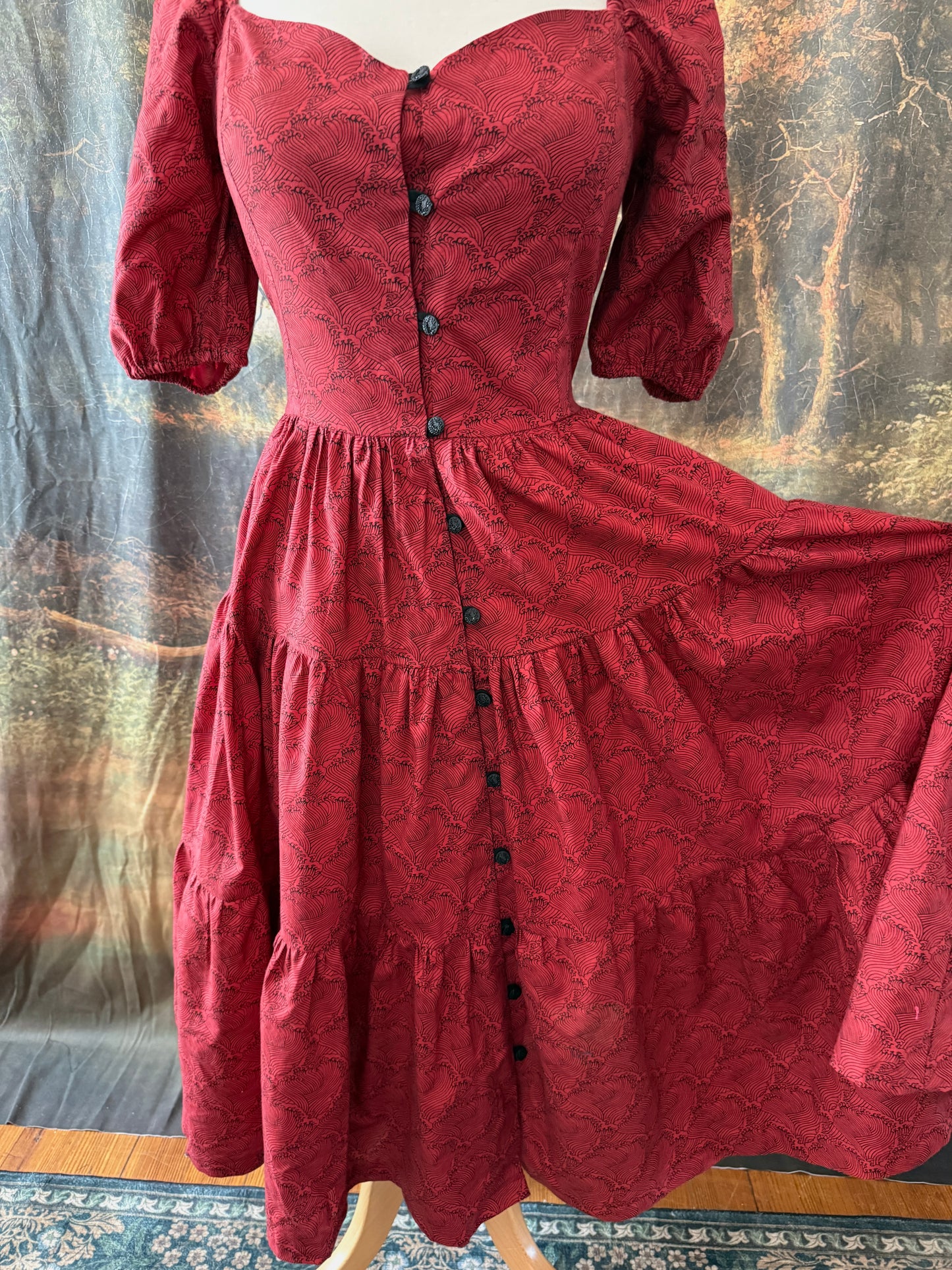 Red Waves Puff Sleeve Button Dress