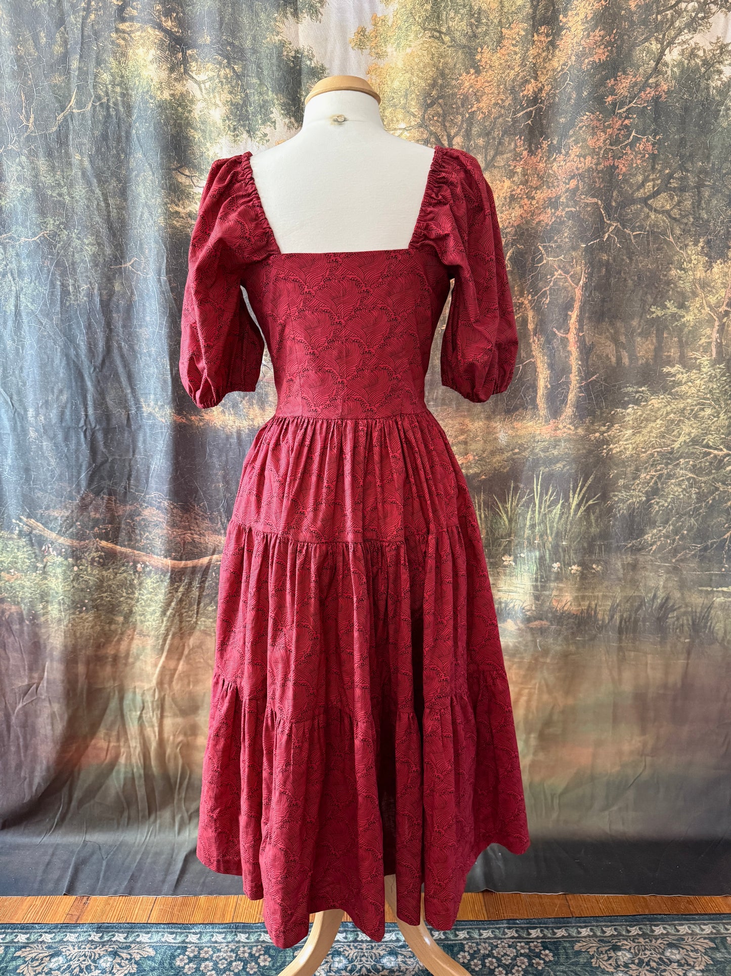 Red Waves Puff Sleeve Button Dress