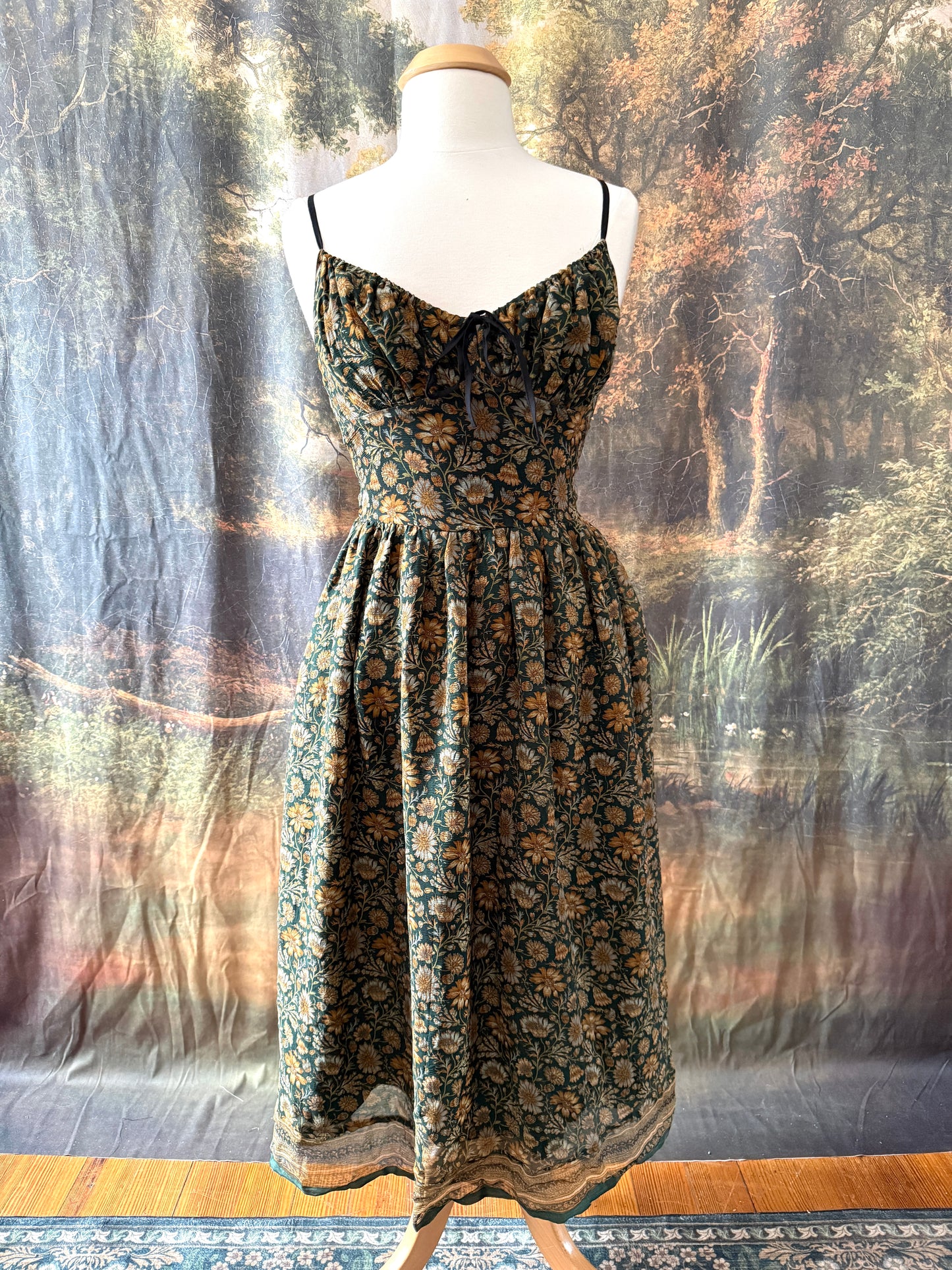 Green and Yellow Floral Print Silk Dress