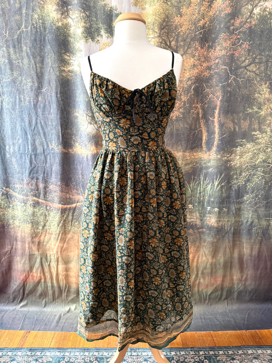 Green and Yellow Floral Print Silk Dress