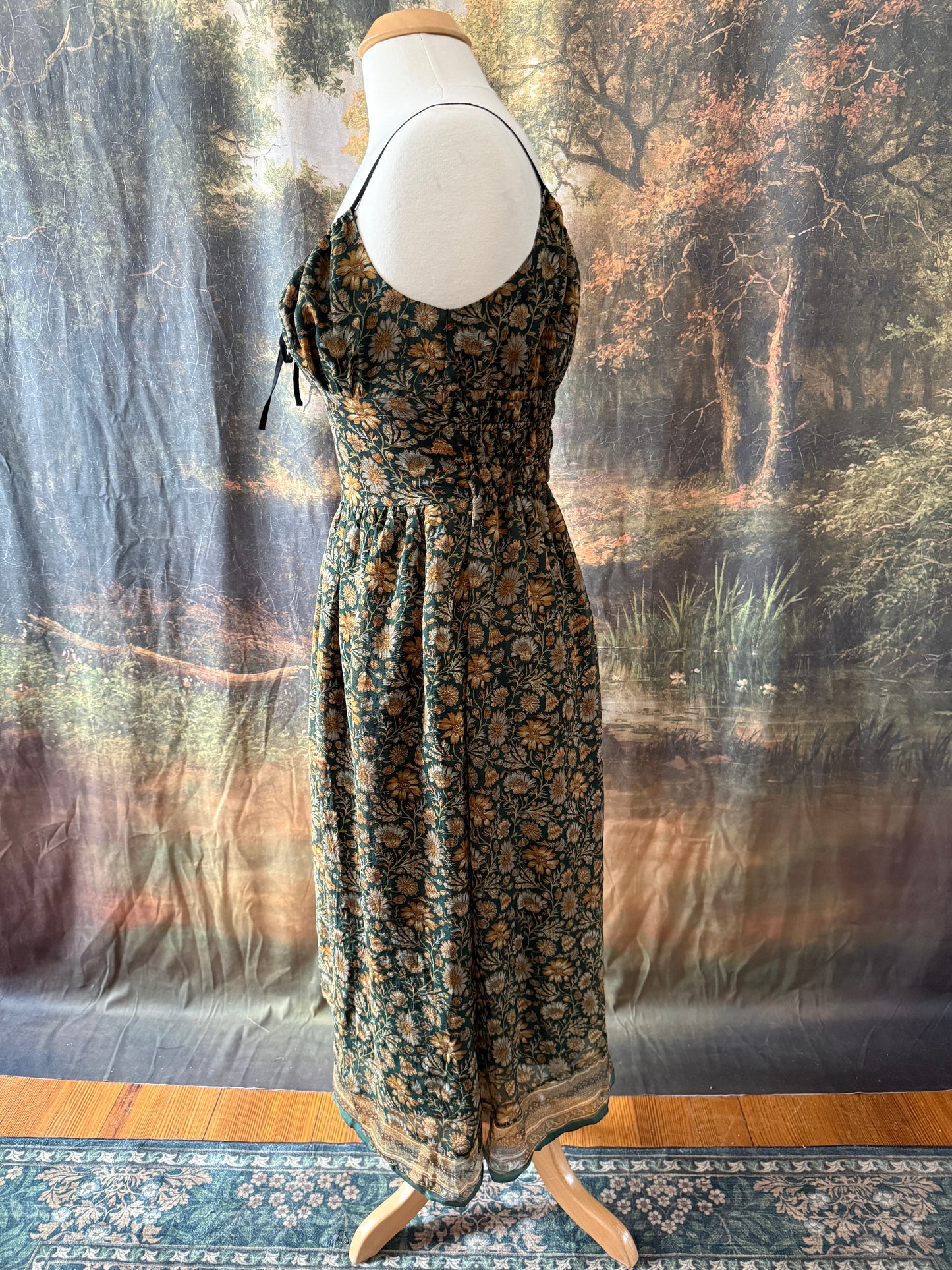 Green and Yellow Floral Print Silk Dress